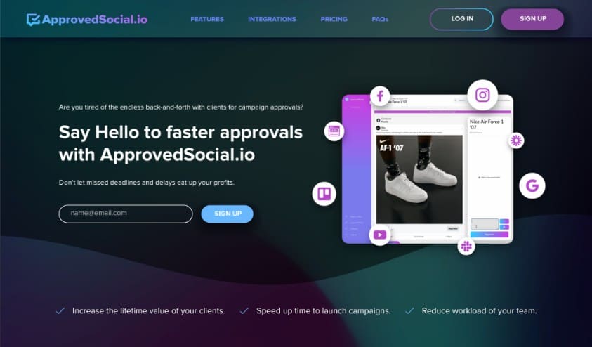 The ApprovedSocial.io landing page, our own SaaS product, in dark purple and teal