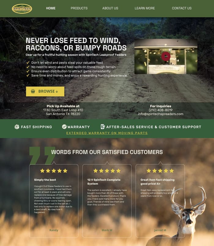 The SpinTech Outdoor Products wildlife feeder landing page