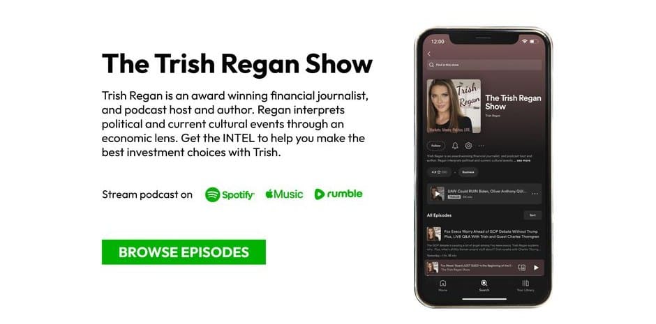 The Trish Regan Show podcast section on trishreganmedia.com, with a phone mockup